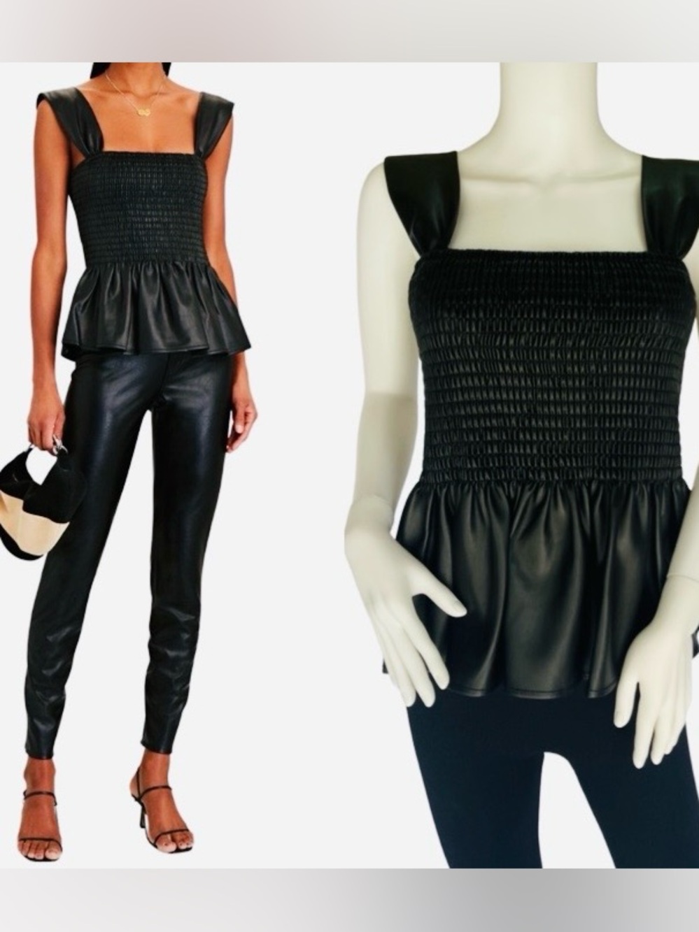 STAUD Ida Soft Faux Leather Peplum Smocked Top Small NWT⭐️